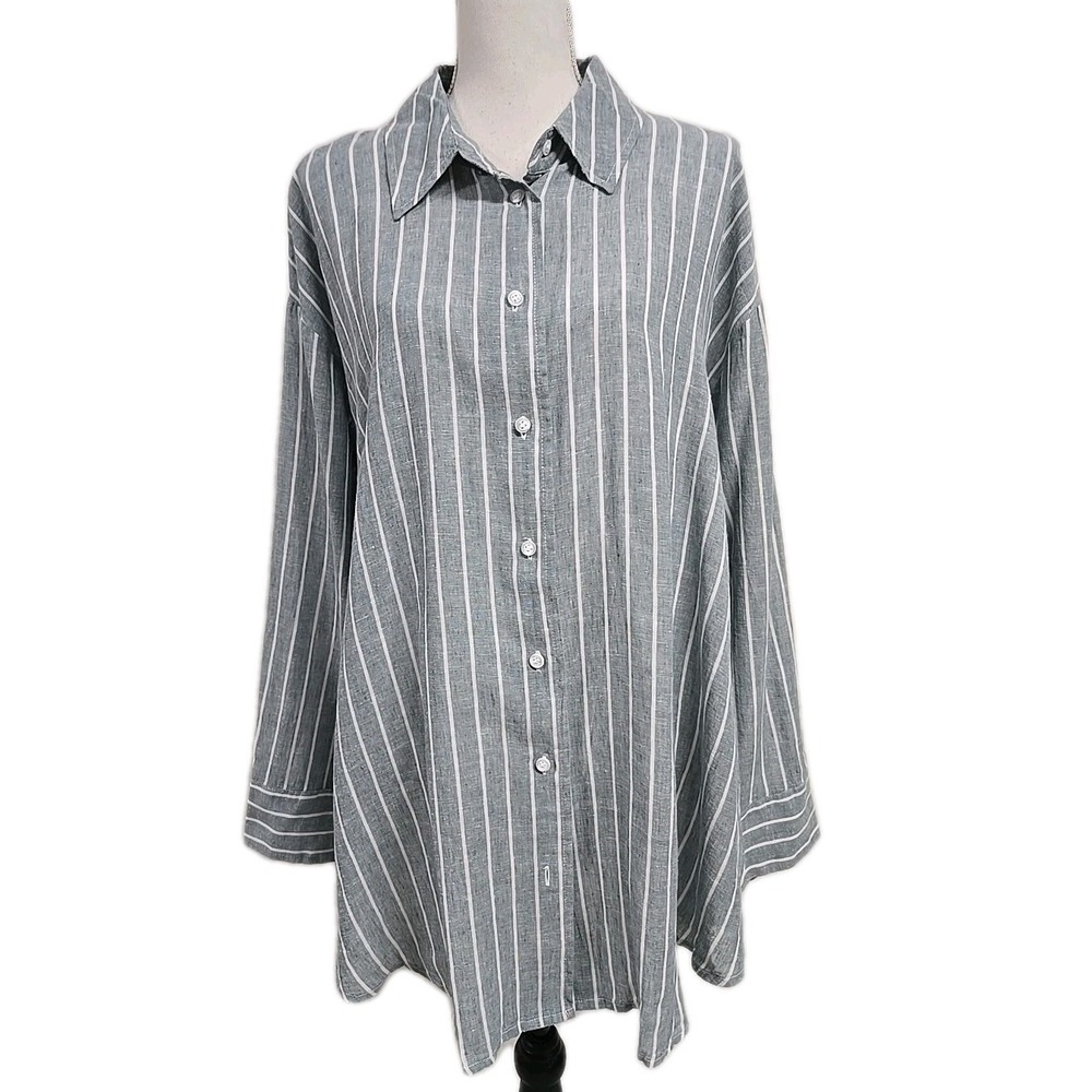 Lane Bryant Button Up Long Sleeve Shirt Striped Linen Cotton Green Women's 22/24